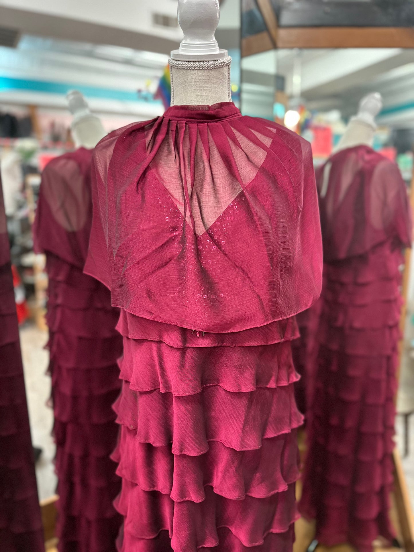 Ignite Evenings Burgundy Tiered Tank Formal Gown with Shawl in 14