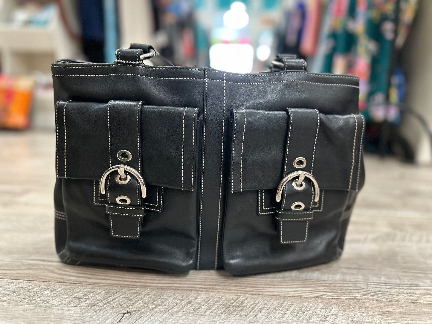Coach Soho Black Leather Shoulder Bag with Double Buckles