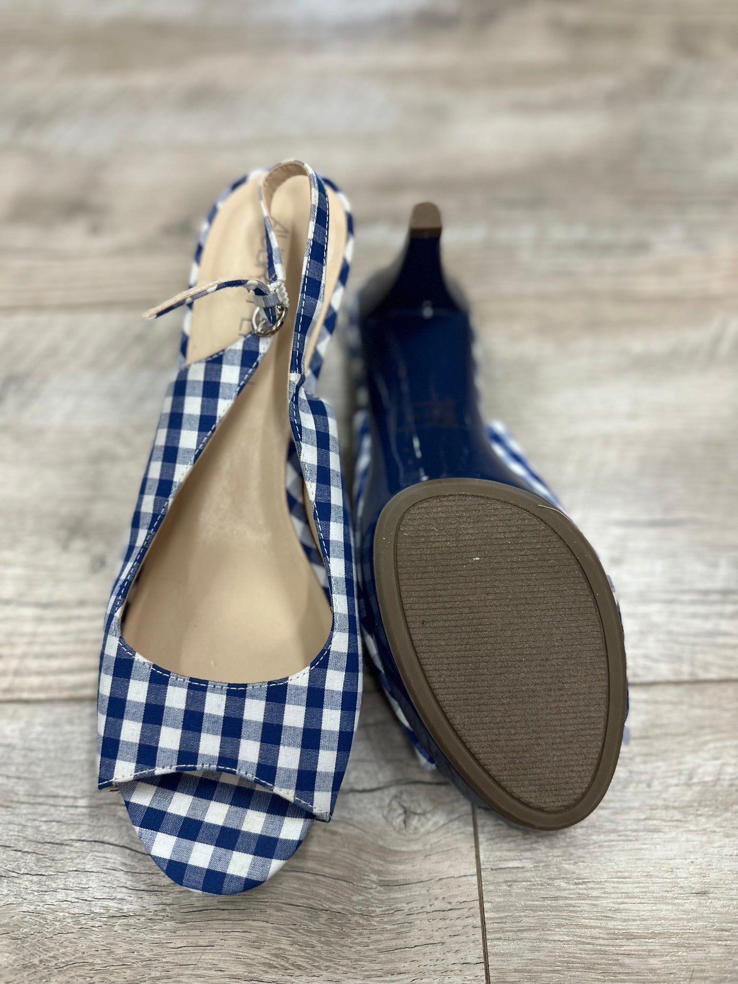 Aubrey Lynn Blue Check Peep Toe Heels in 9.5
