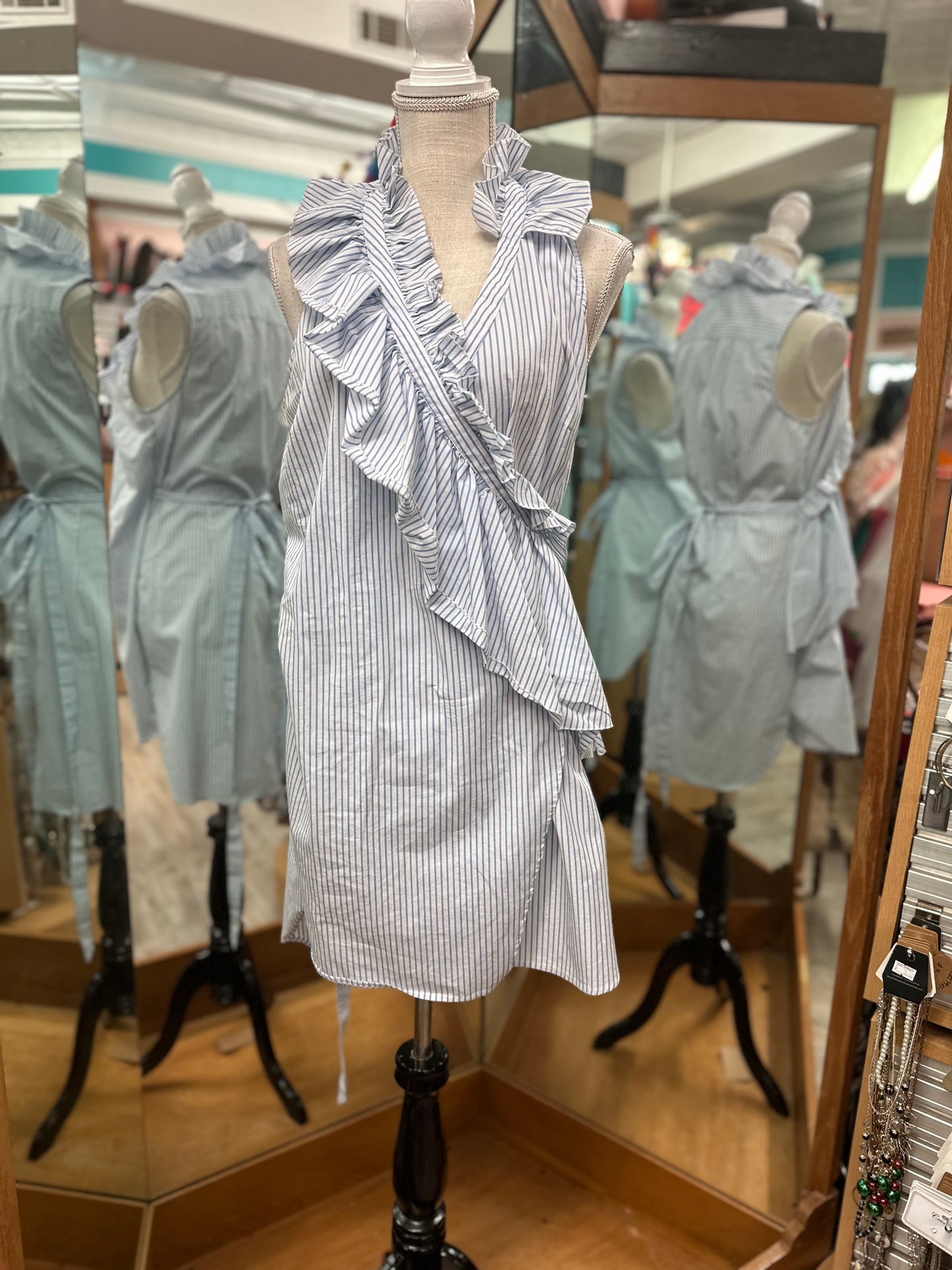 New York and Company White and Blue Striped Wrap Dress in M