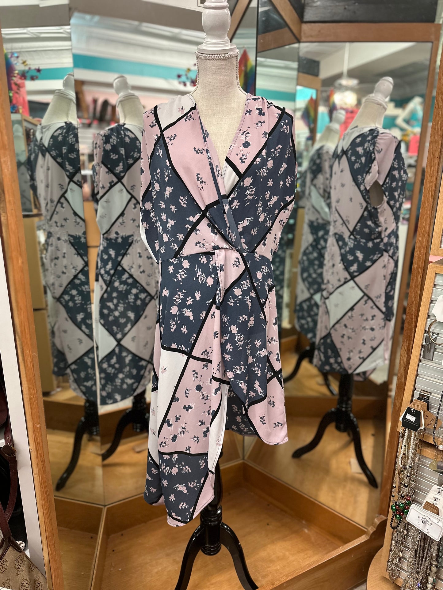 New York and Company Soho Jeans Blue and Pink Wrap Dress in L
