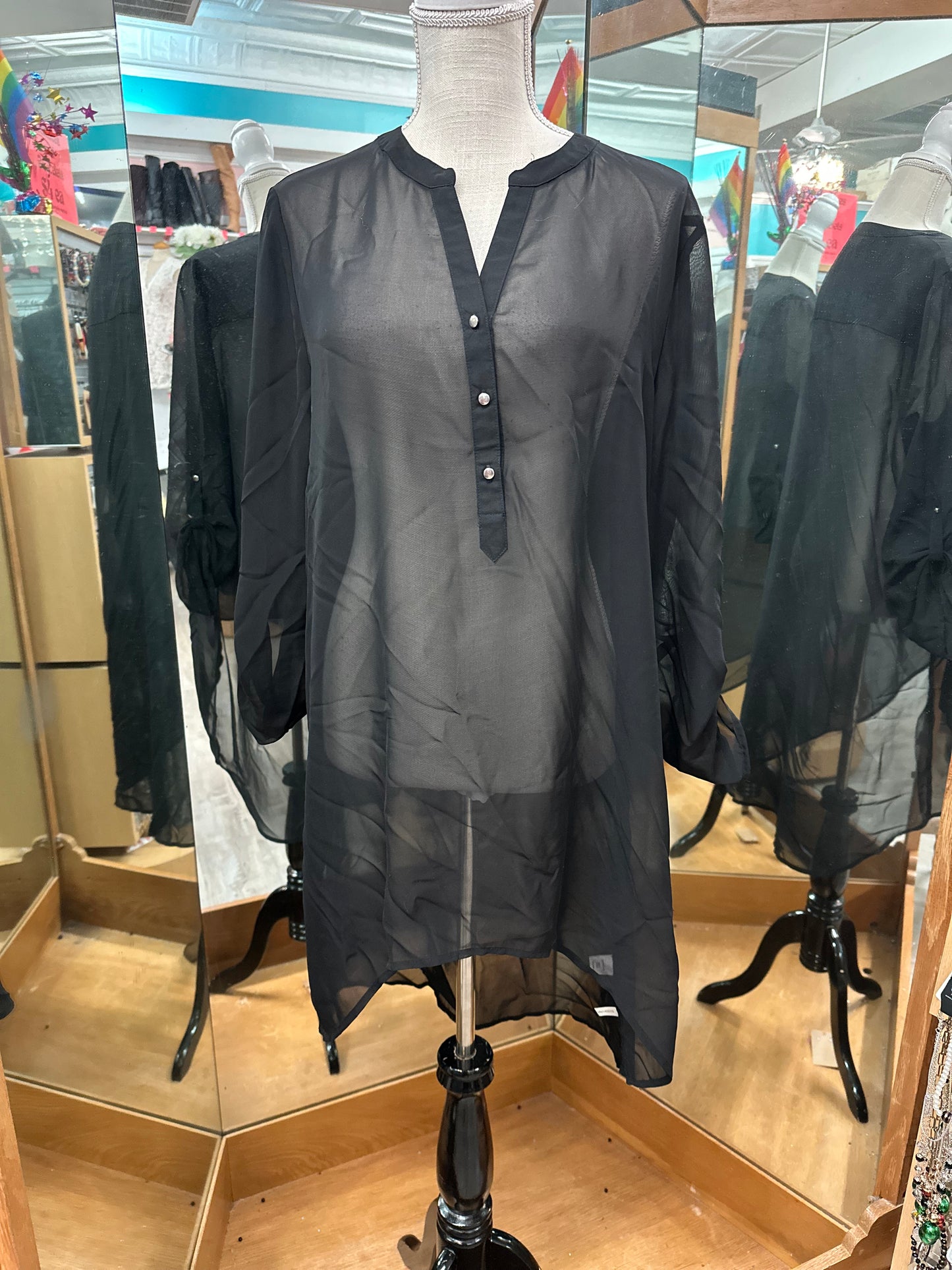 New York and Company Black Sheer Tunic Top in L