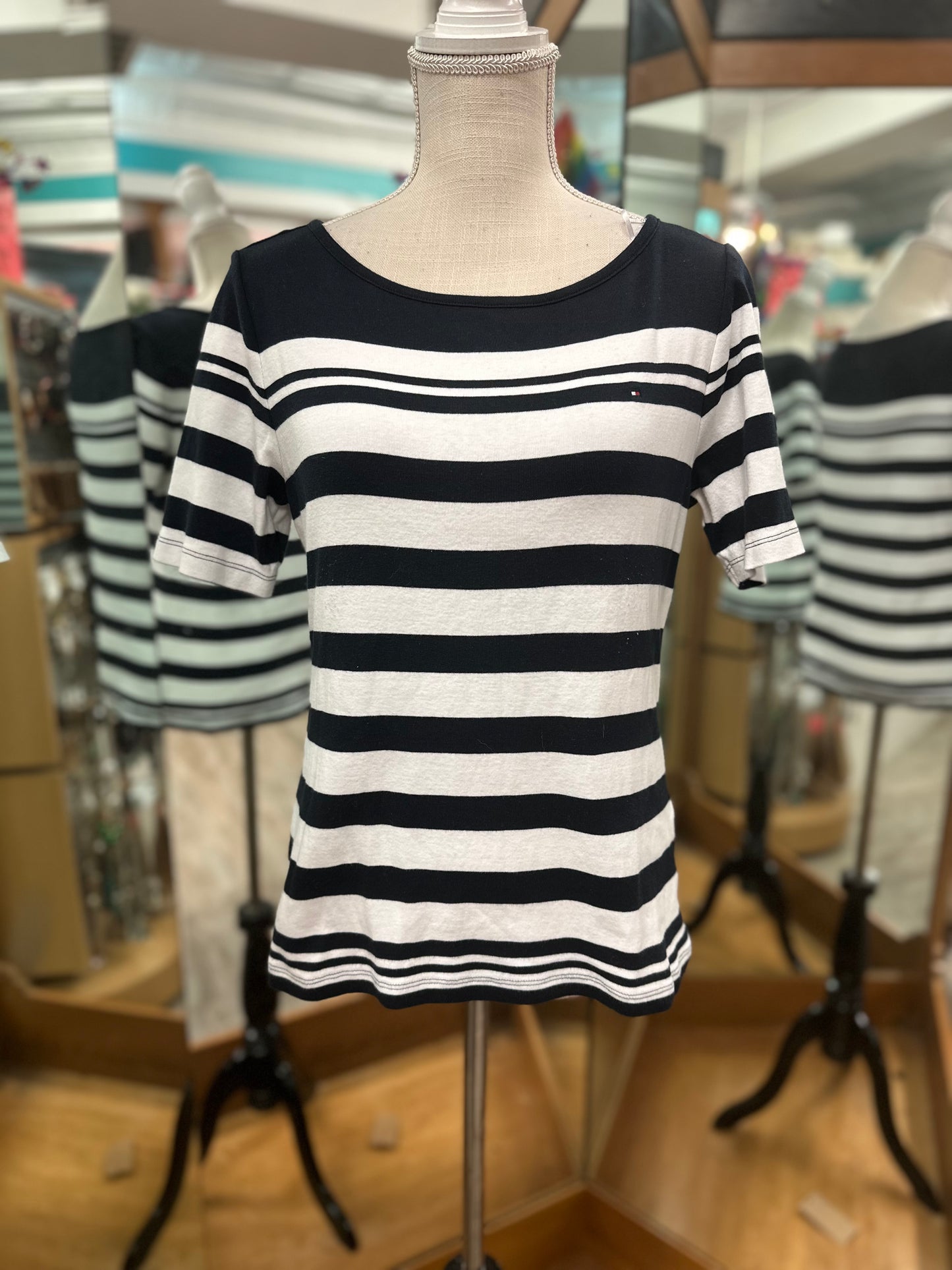 Tommy Hilfiger Black and White Striped Short Sleeve Top in M