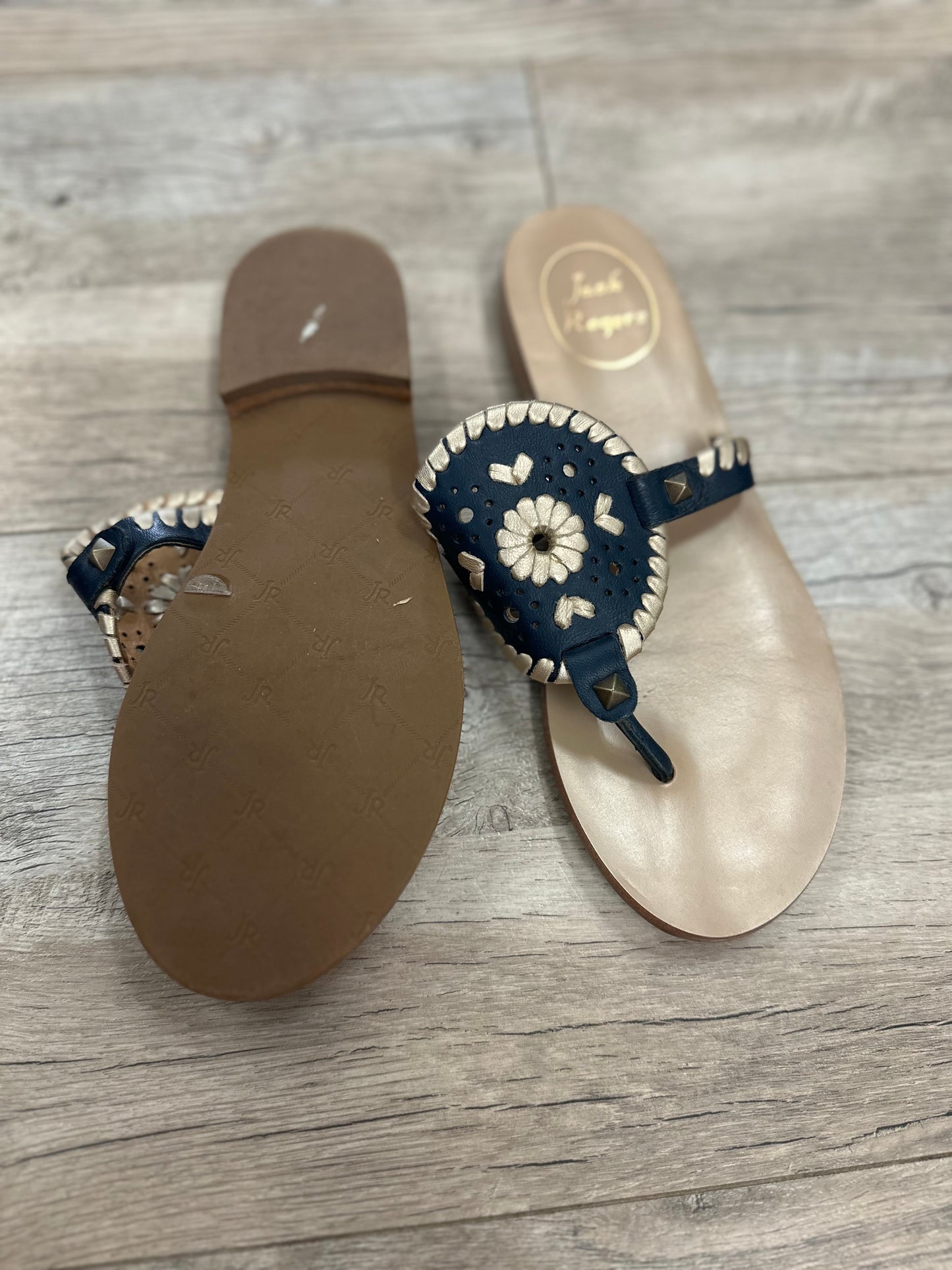 Jack Rogers Navy and Gold Medallion Sandal in 5.5