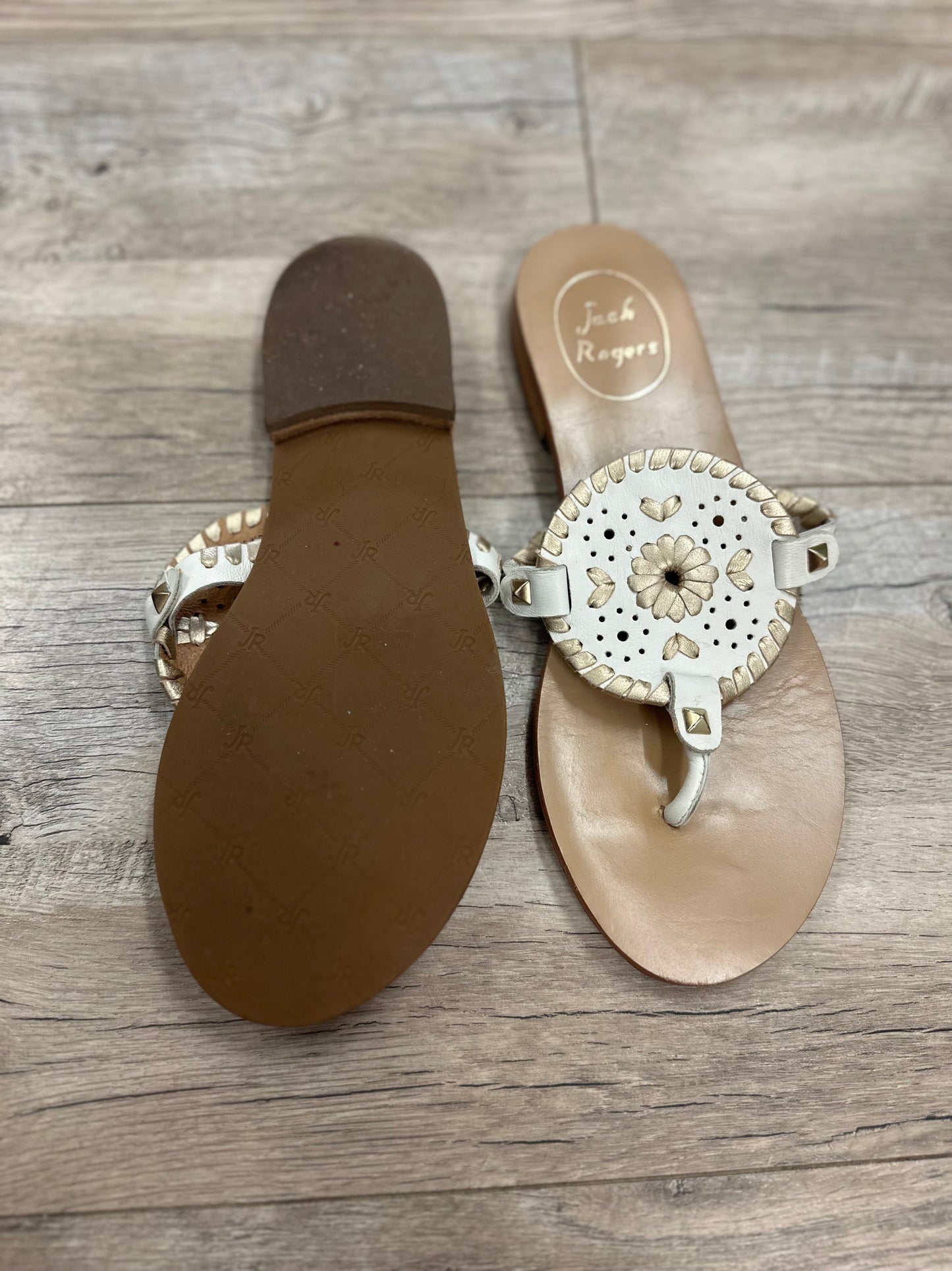 Jack Rogers White and Gold Medallion Sandal in 5.5