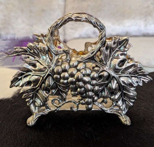 1994 Godinger Silver Plate Napkin Holder in Grapes & Grape Leaves Motif 7x5.25"