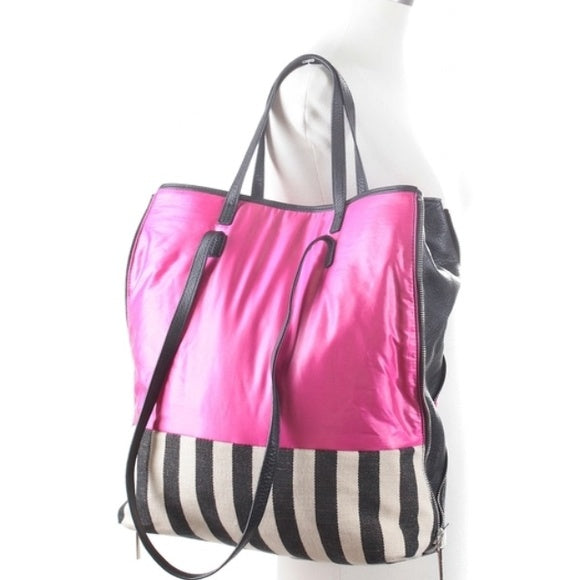 Kelsi Dagger ROONEY Large Pink Black White Tote Canvas Leather Zip Expand Sides