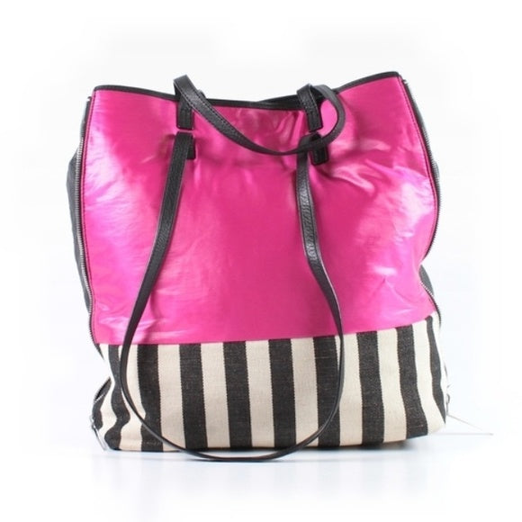 Kelsi Dagger ROONEY Large Pink Black White Tote Canvas Leather Zip Expand Sides