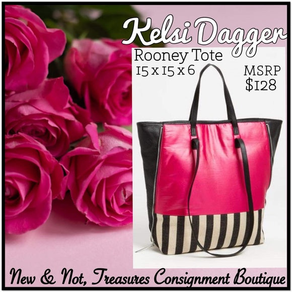 Kelsi Dagger ROONEY Large Pink Black White Tote Canvas Leather Zip Expand Sides