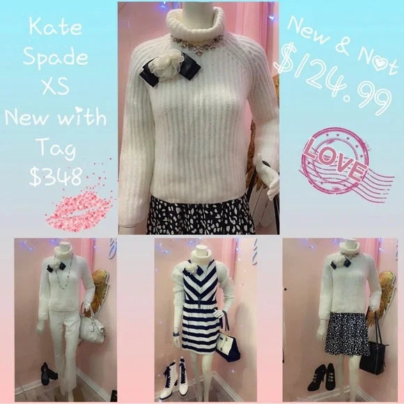 $348 MSRP, Kate Spade, XS. Rosette Bow, Alpaca Wool Turtleneck Sweater. NWT