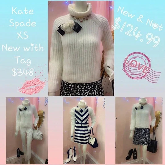 $348 MSRP, Kate Spade, XS. Rosette Bow, Alpaca Wool Turtleneck Sweater. NWT