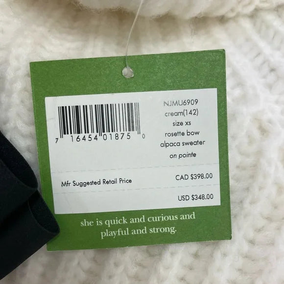 $348 MSRP, Kate Spade, XS. Rosette Bow, Alpaca Wool Turtleneck Sweater. NWT