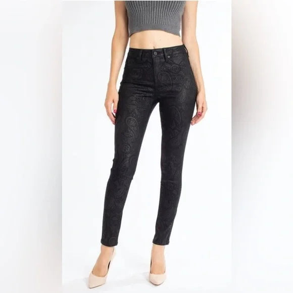 NWT KanCan Paisley Leather Look High Rise Super Skinny Jeans. Size 1 / 24