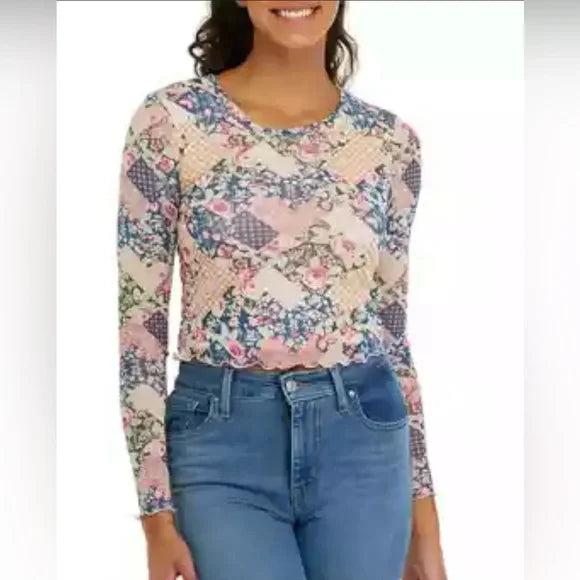 Vanilla Star XL Long Sleeve Floral Print Tee Pink Blue