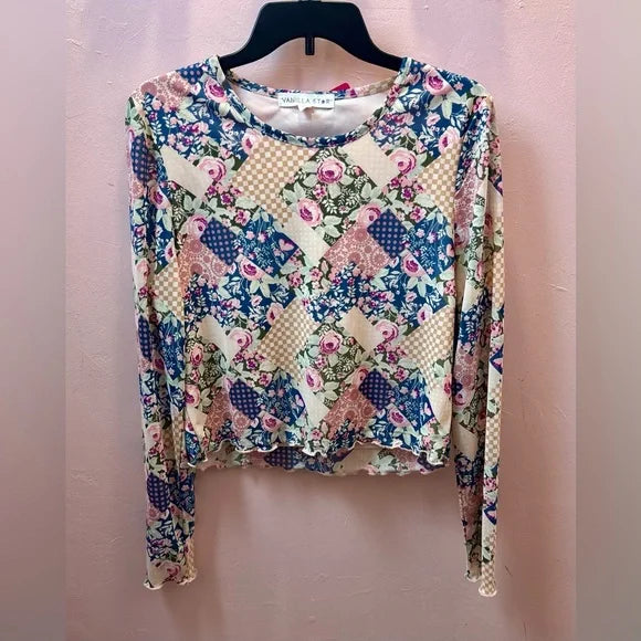 Vanilla Star XL Long Sleeve Floral Print Tee Pink Blue
