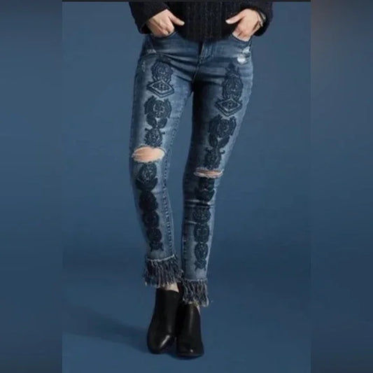 Coco + Carmen Embroidered Denim Skinny Jeans, Distressed Fringe Hem. Size S/M.