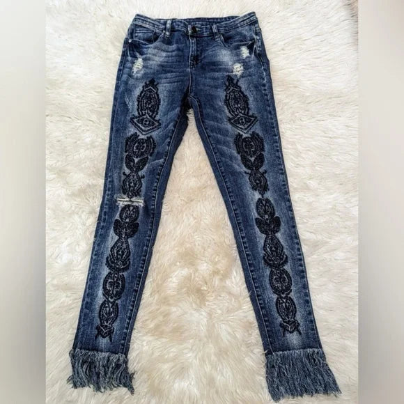 Coco + Carmen Embroidered Denim Skinny Jeans, Distressed Fringe Hem. Size S/M.