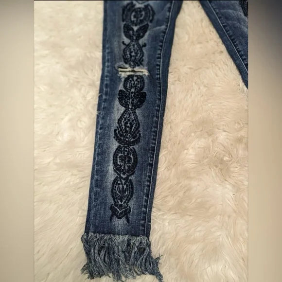 Coco + Carmen Embroidered Denim Skinny Jeans, Distressed Fringe Hem. Size S/M.