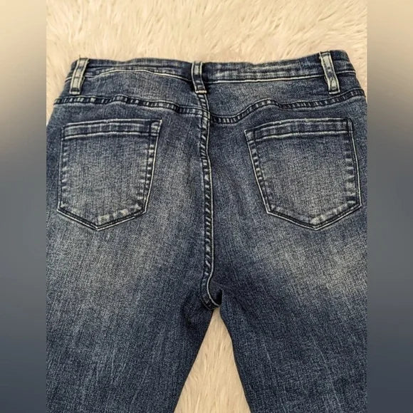 Coco + Carmen Embroidered Denim Skinny Jeans, Distressed Fringe Hem. Size S/M.