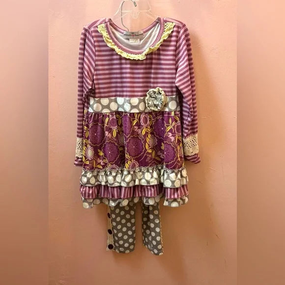 Kids Size 7 Adorable Sweetness Purple Stripe Dot Boutique Pant Set Ruffled Lace