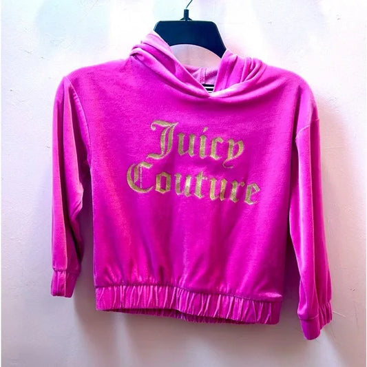 Juicy Couture Pink Velour Hooded Pullover Gold Logo Kids Size 7 EUC Magenta