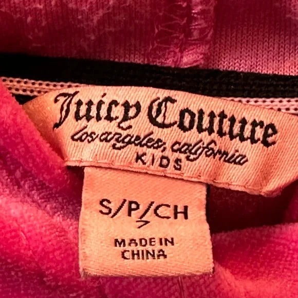 Juicy Couture Pink Velour Hooded Pullover Gold Logo Kids Size 7 EUC Magenta