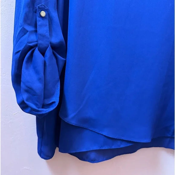 New Directions Royal Blue V Neck Roll Tab Sleeves Business Casual Top, XL. EUC