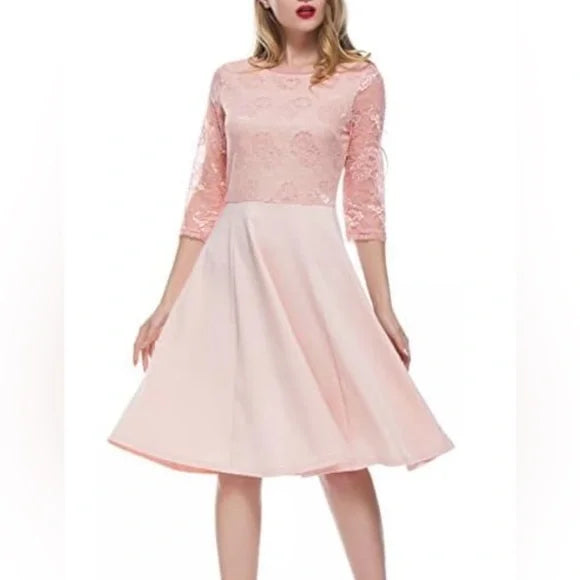 Vintage Amika Fashion Pink Fit & Flare, Lace 1/2 sleeve. Size Medium