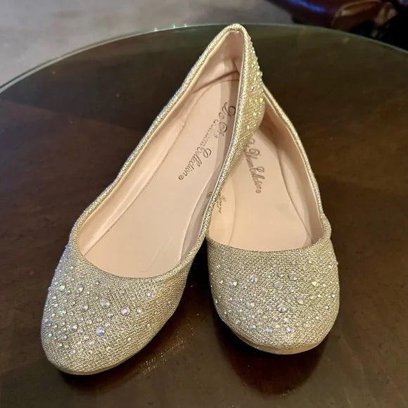 De Blossom Collection “Lynn” Metallic Gold Rhinestone Flats. Size 10. EUC