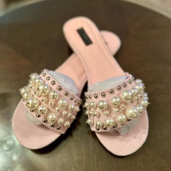 Glam NEW Eloquii Pink Pearl Embellished Studded Flat Slides Sandals Size 10W