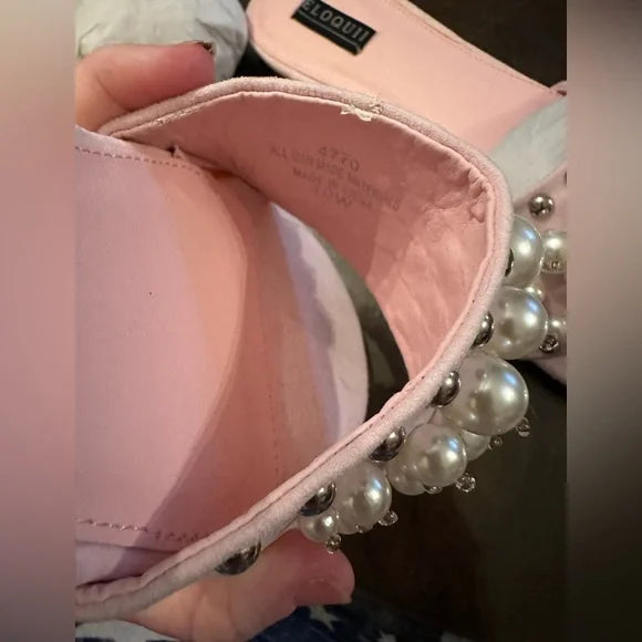 Glam NEW Eloquii Pink Pearl Embellished Studded Flat Slides Sandals Size 10W