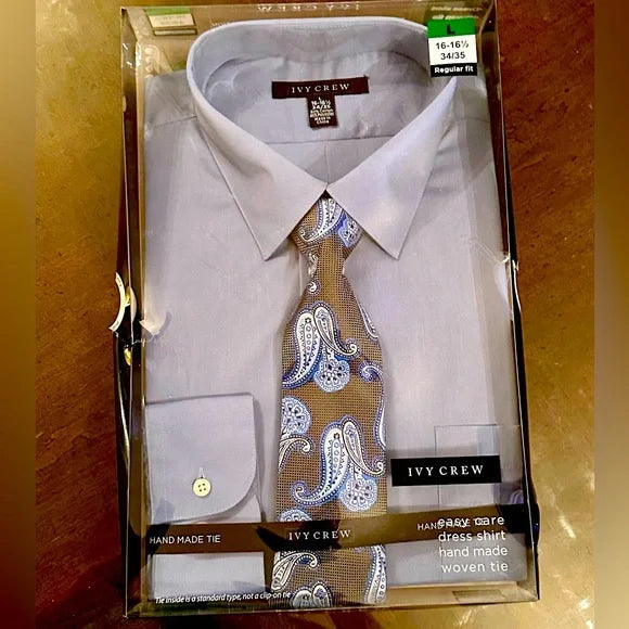 NWT IVY CREW Men’s Blue Paisley Dress Shirt Tie set L 16-16,5 34/35 Regular Fit
