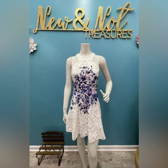 $328 Jay Godfrey, 10. White Lace Purple Floral Sleeveless Fit & Flare Dress EUC