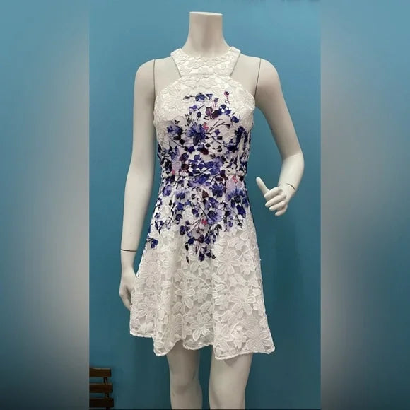 $328 Jay Godfrey, 10. White Lace Purple Floral Sleeveless Fit & Flare Dress EUC