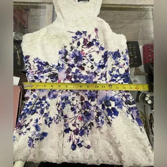 $328 Jay Godfrey, 10. White Lace Purple Floral Sleeveless Fit & Flare Dress EUC