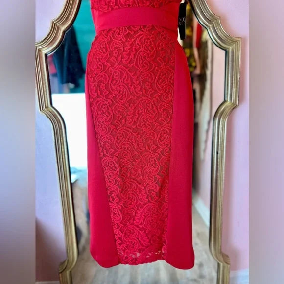 New York & Co Red Strapless Midi Lace Panel Stretch Dress, Size Medium NWT $70