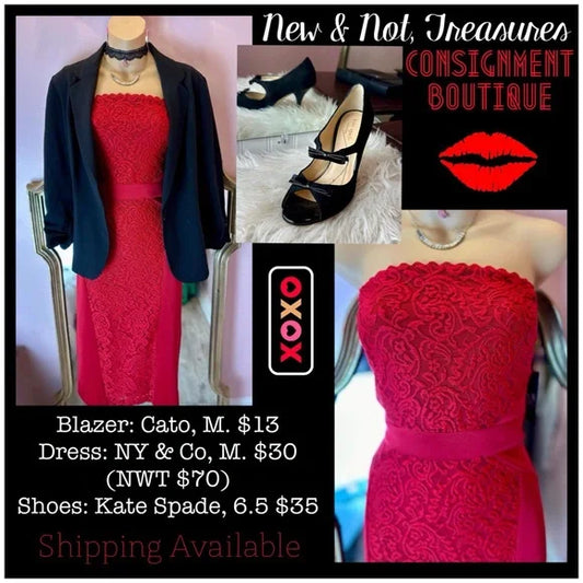 New York & Co Red Strapless Midi Lace Panel Stretch Dress, Size Medium NWT $70
