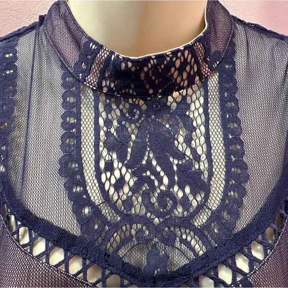 Altar'd State Lace Dress Navy Blue Mini Sleeveless Fit & Flare Cocktail Sz Small