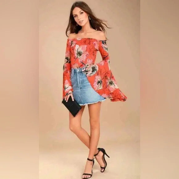 We The Free Birds of Paradise Off Shoulder Bell Sleeve Pullover Top Medium