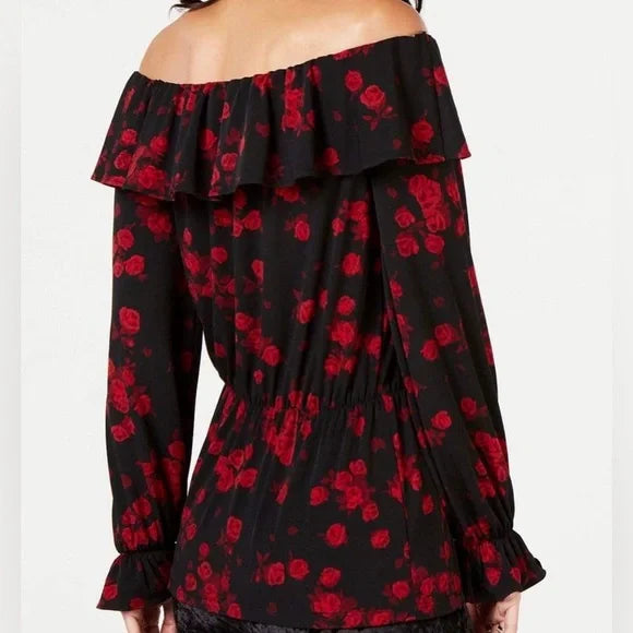 Michael Kors Off Shoulder Peplum Top Black Red Roses Size Medium EUC