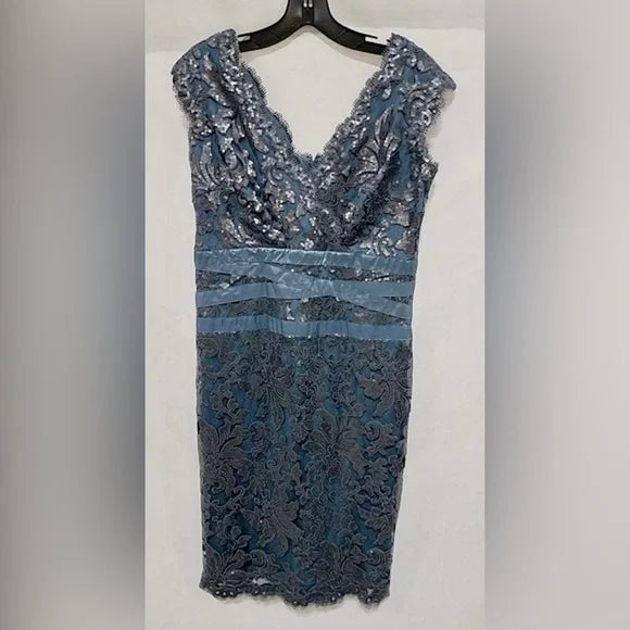Tadashi Shoji Sheath Dress BlueSequin Embroidered Scalloped Lace Metallic NWT 10