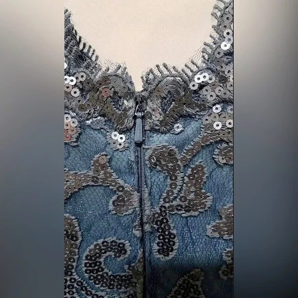 Tadashi Shoji Sheath Dress BlueSequin Embroidered Scalloped Lace Metallic NWT 10