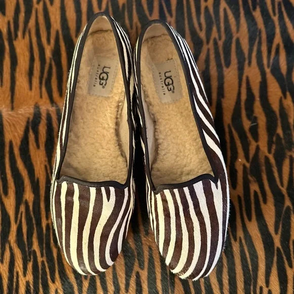 UGG Australia Zebra Exotic Calf Hair Loafer Flats Fur Sheepskin Lined Sz 8