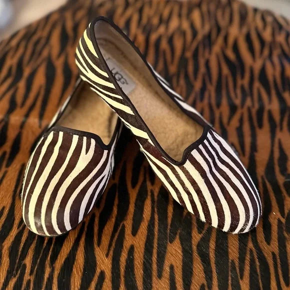 UGG Australia Zebra Exotic Calf Hair Loafer Flats Fur Sheepskin Lined Sz 8