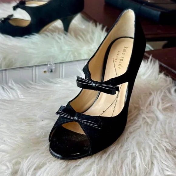 Kate Spade size 6.5 Black Suede Patent Leather Bows Open Toe High Heels. EUC