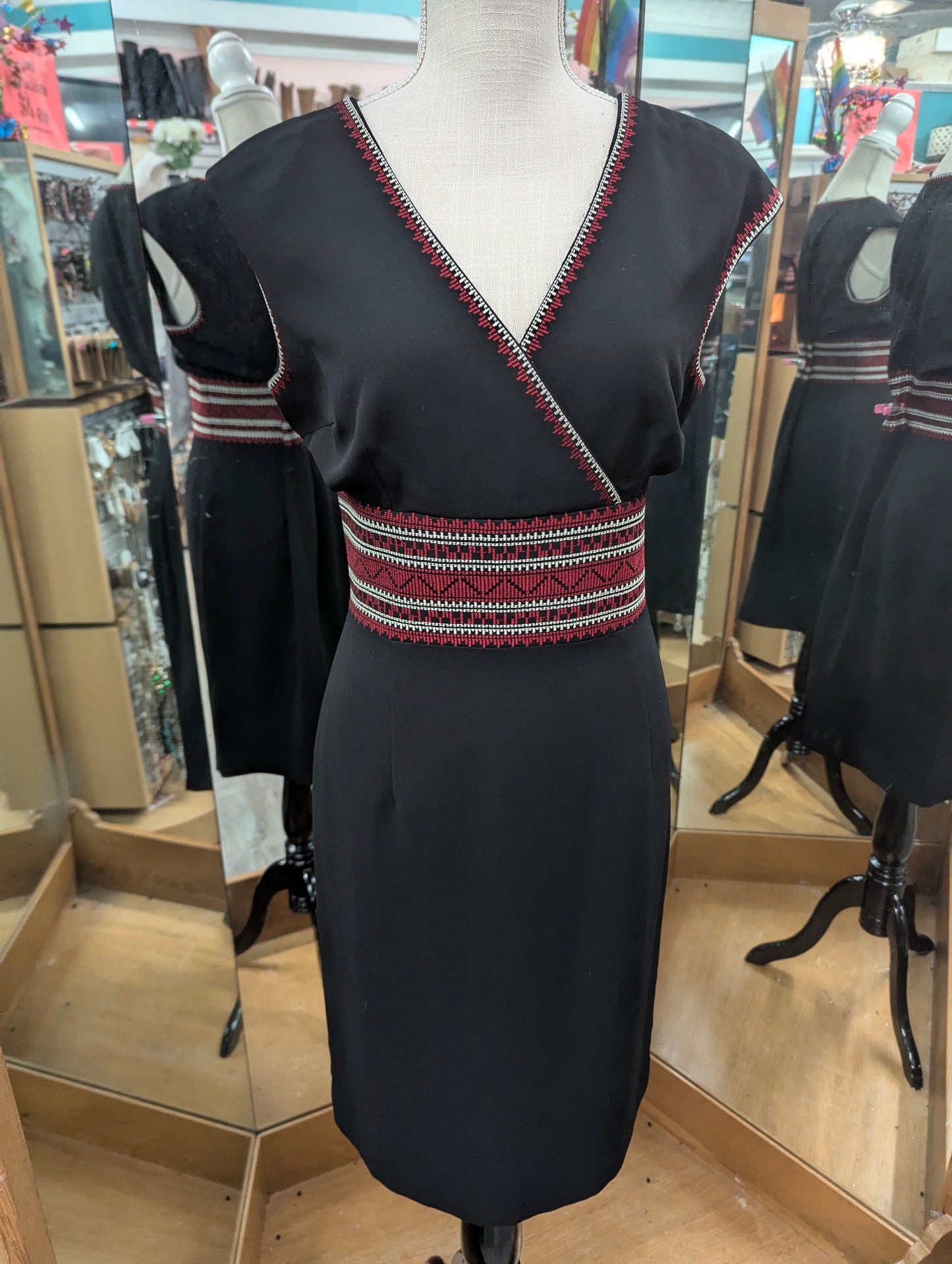 Maggy London Petites Black Sheath Dress with Red and White Embroidery in 12