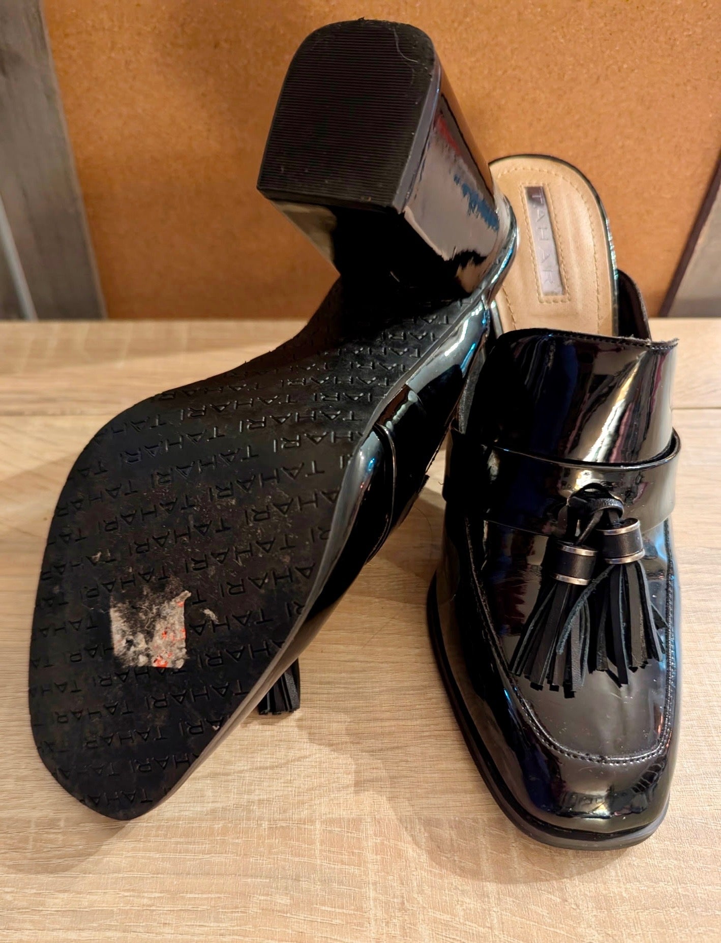 Tahari Zalla Black Patent Tassel Mules Slip-On Block Heel Loafers Size 9 EUC