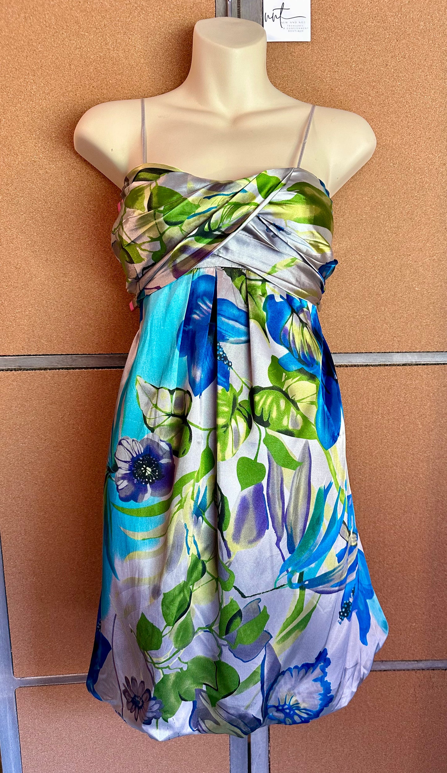 Feathers Floral Y2K Satin Bubble Hem Dress Size Large Blue Green Cocktail Party