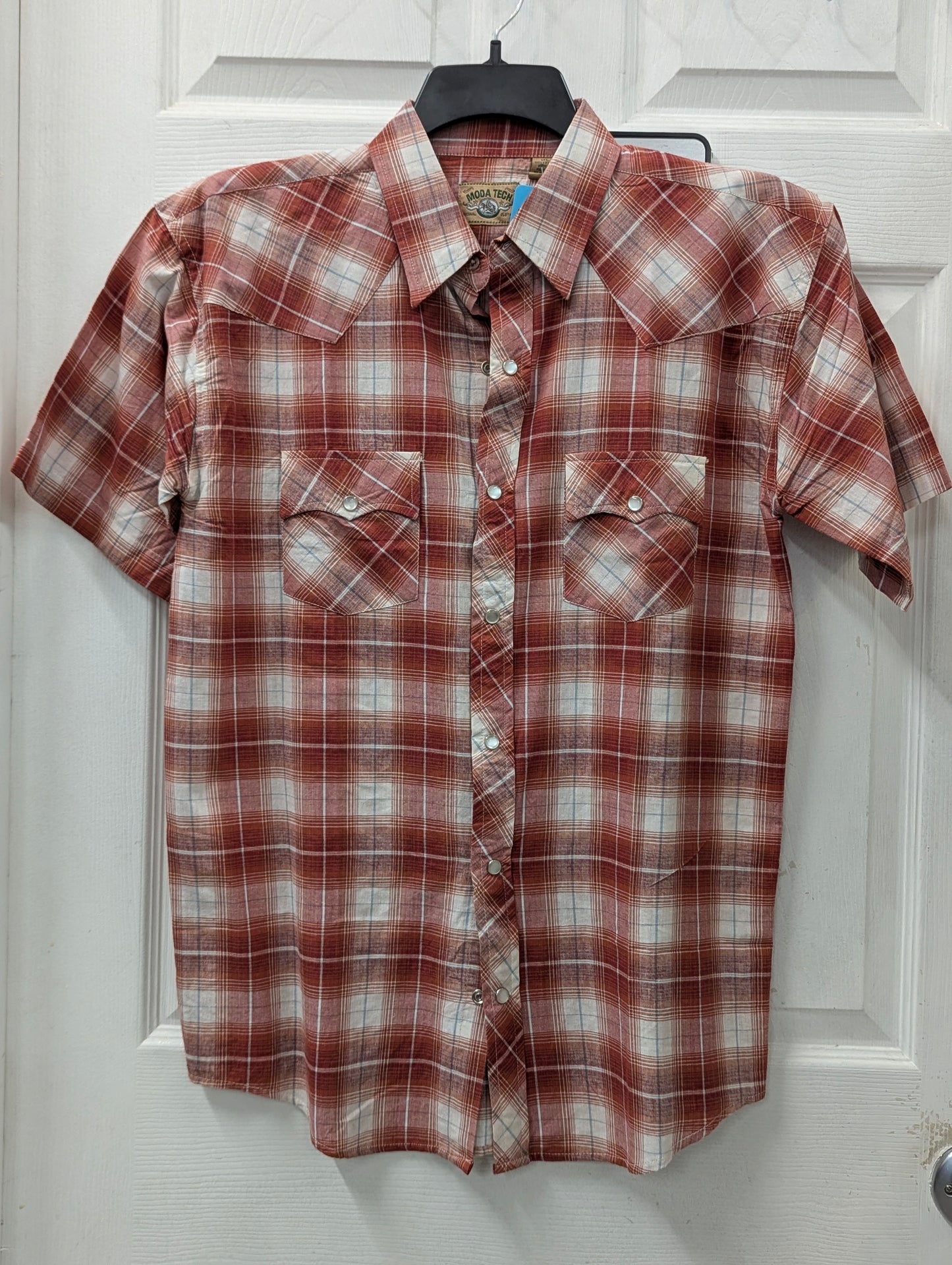 Moda Tech Red Plaid Pearl Snap Short Sleeve in M