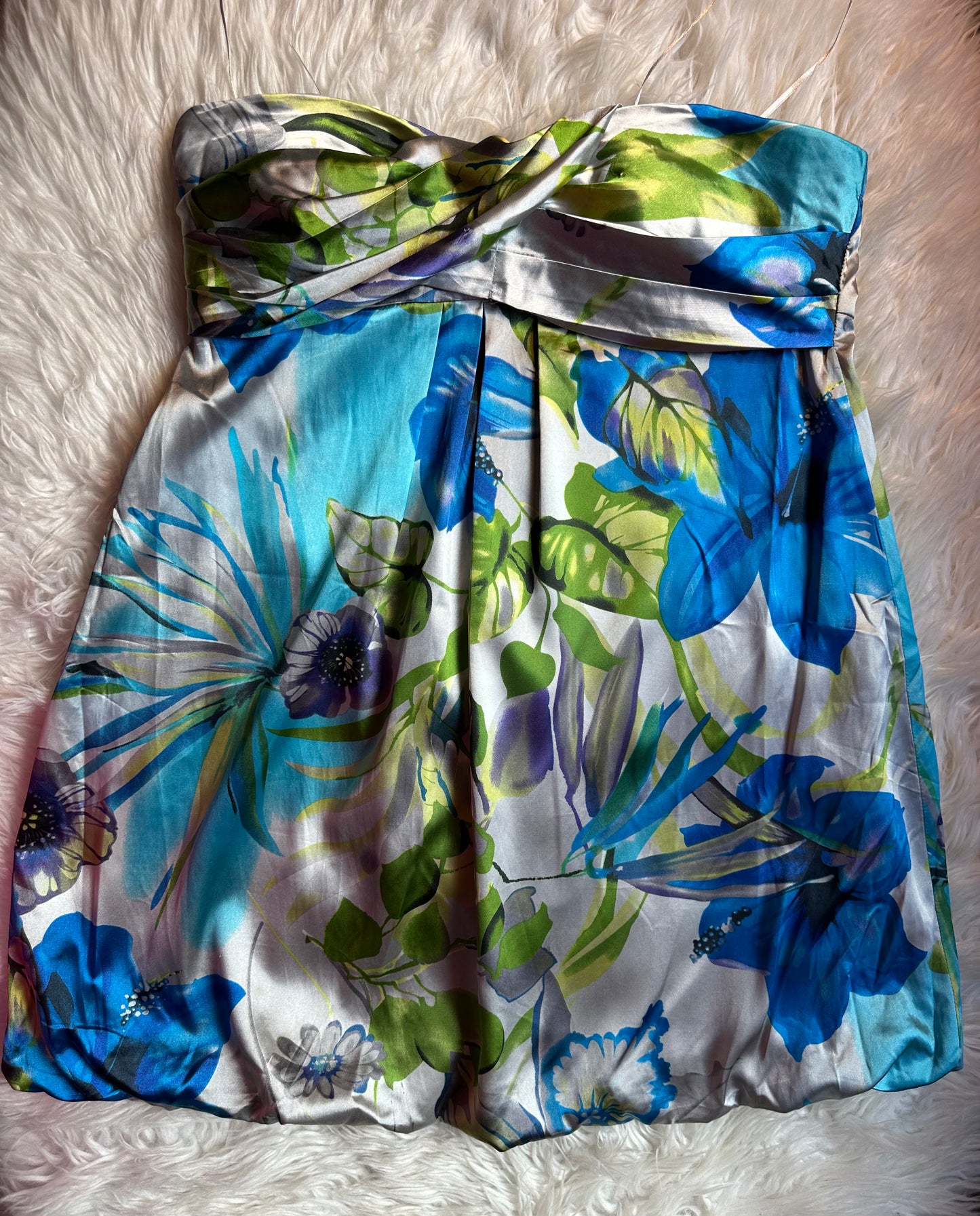 Feathers Floral Y2K Satin Bubble Hem Dress Size Large Blue Green Cocktail Party